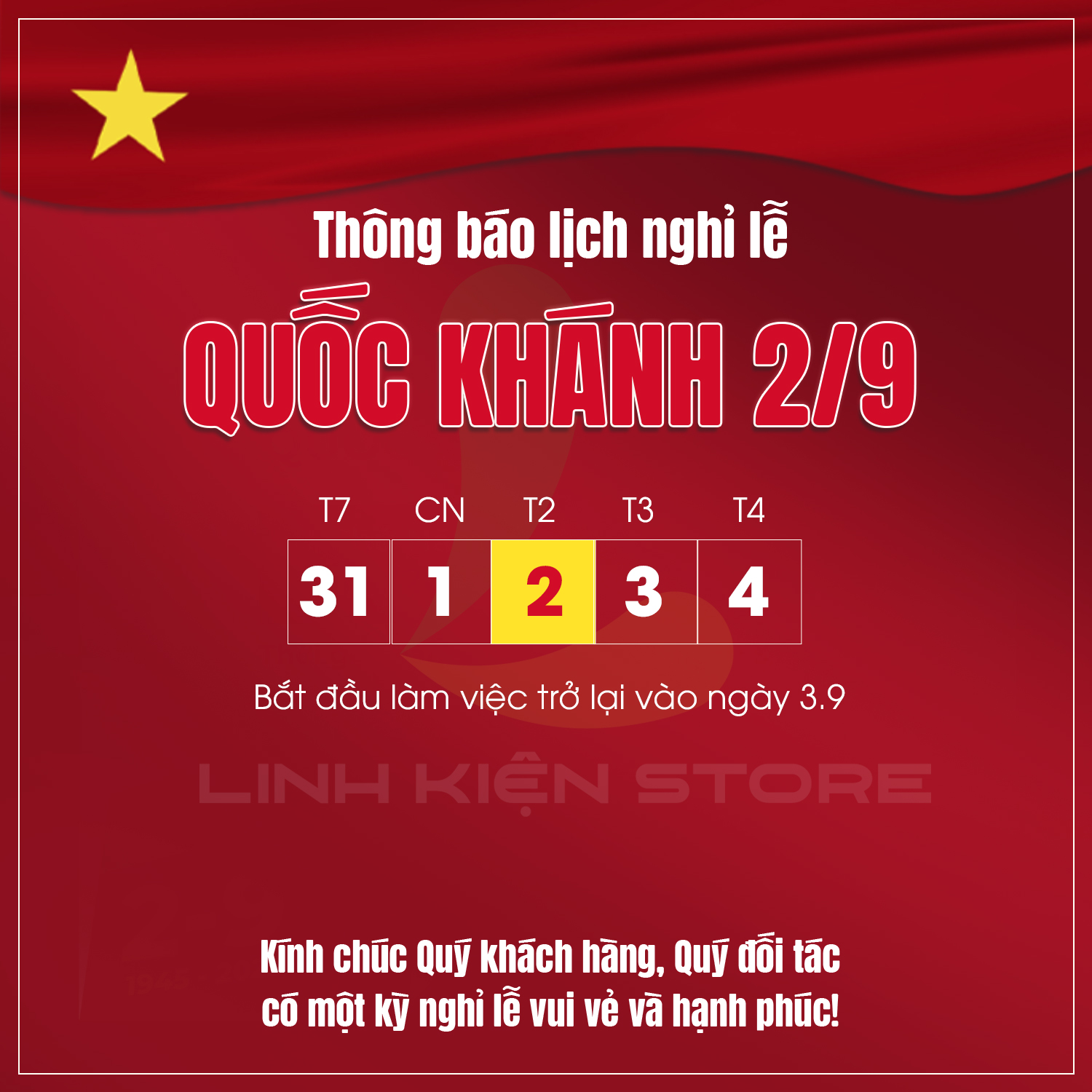 [Thông báo] LỊCH NGHỈ LỄ QUỐC KHÁNH 02/09/2024