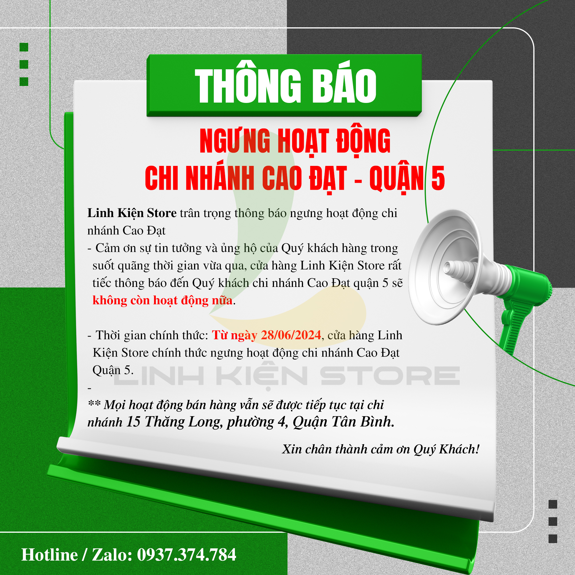 [THÔNG BÁO] CHÍNH THỨC NGƯNG HOẠT ĐỘNG CHI NHÁNH CAO ĐẠT - QUẬN 5 