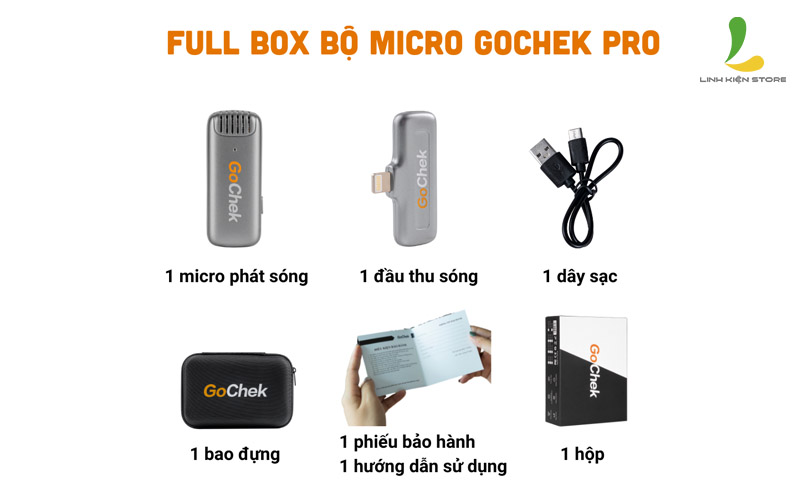 Trọn bộ sản phẩm Micro thu âm không dây GoChek A02 Pro